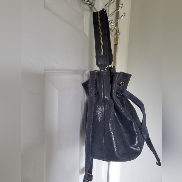 Borse in Pelle Italian Leather Blue Suede Shimmer Bucket Drawstring Bag - Picture 4 of 12